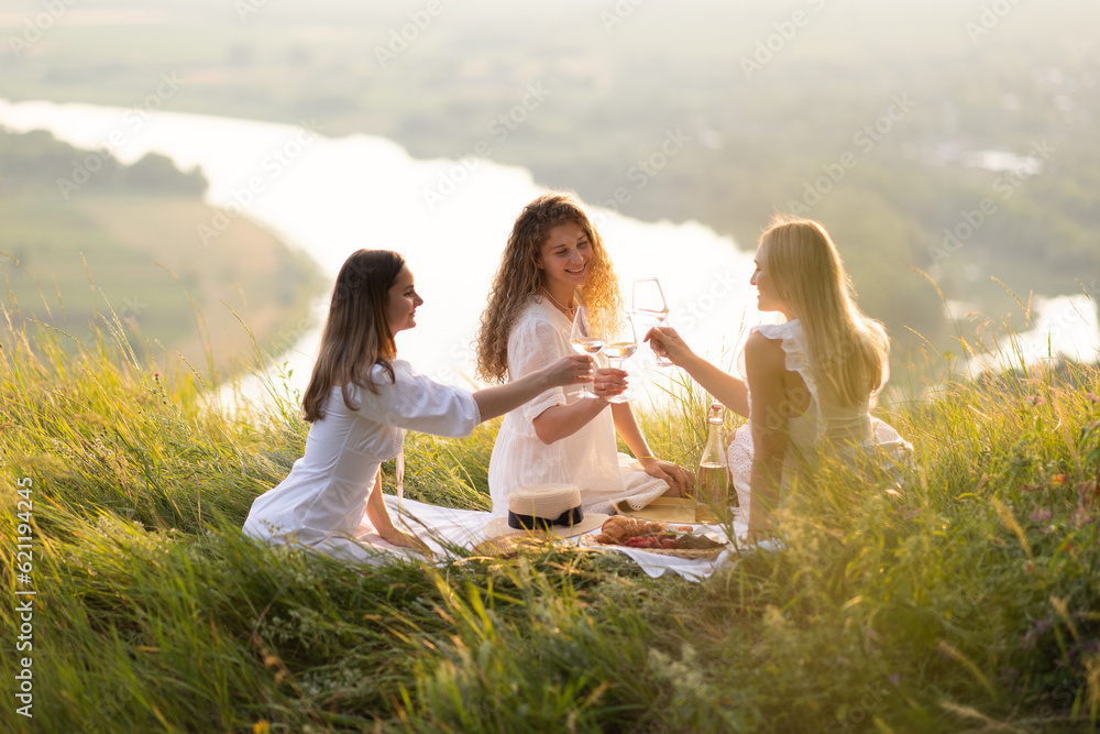 Happy girlfriends sitting at summer picnic with wine and watching sunset at a mountain, while making a toast with wine during golden hour.