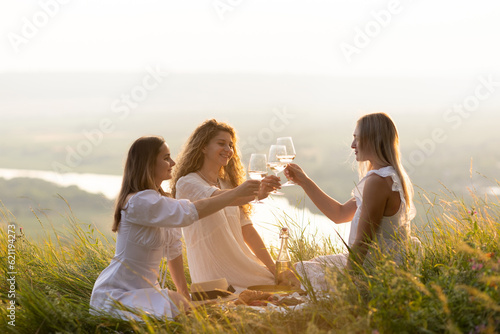 The company of female friends enjoys a summer picnic and raise glasses with wine at summer sunset.