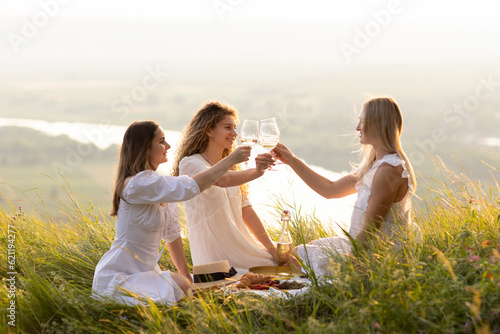 Obraz na płótnie The company of female friends enjoys a summer picnic and raise glasses with wine. w salonie