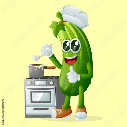 Cute cucumber character cooking on a stove