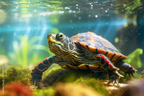 Cute Red-eared Slider in nature, national geography, Wide life animals. AI Generated. © Narin