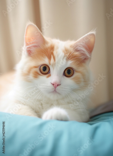 Little white and red colour kitten on the bedroom 