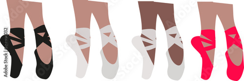 Vector pointe shoes set. Legs dancers on pointe. Female legs in black, white and red pointe shoes.