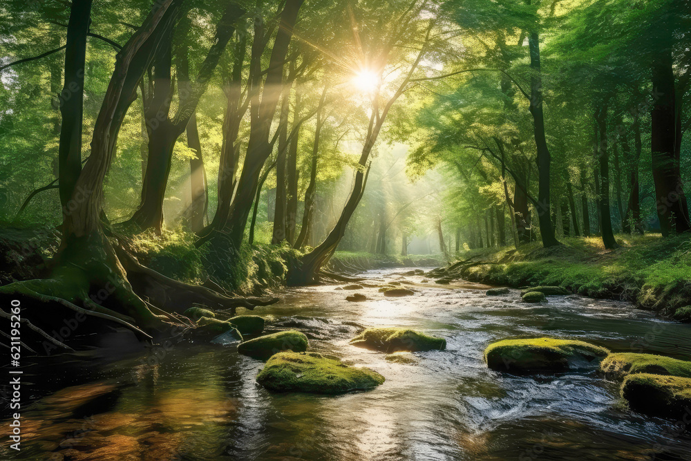 A lush green forest with rays of sunlight peeking had a small, narrow river. Moist, full of moss on the rocks. Generative AI A lush green forest with rays of sunlight peeking had a small, narrow river. Moist, full of moss on the rocks. Generative AI