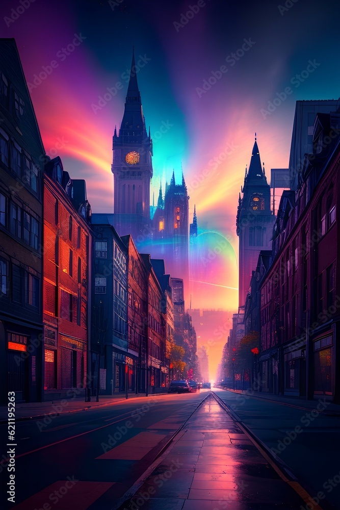 A silhouette of a tower appearing in the strange and colorful sky above a city at night in a wondrous scene