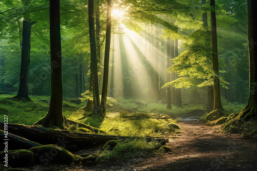A lush green forest with rays of sunlight peeking had a small, narrow river. Moist, full of moss on the rocks. Generative AI