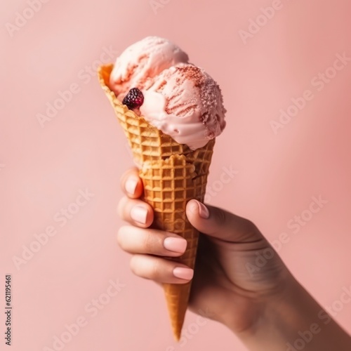 Woman holding waffle cone with delicious ice cream on light pink background, closeup. Generative AI
