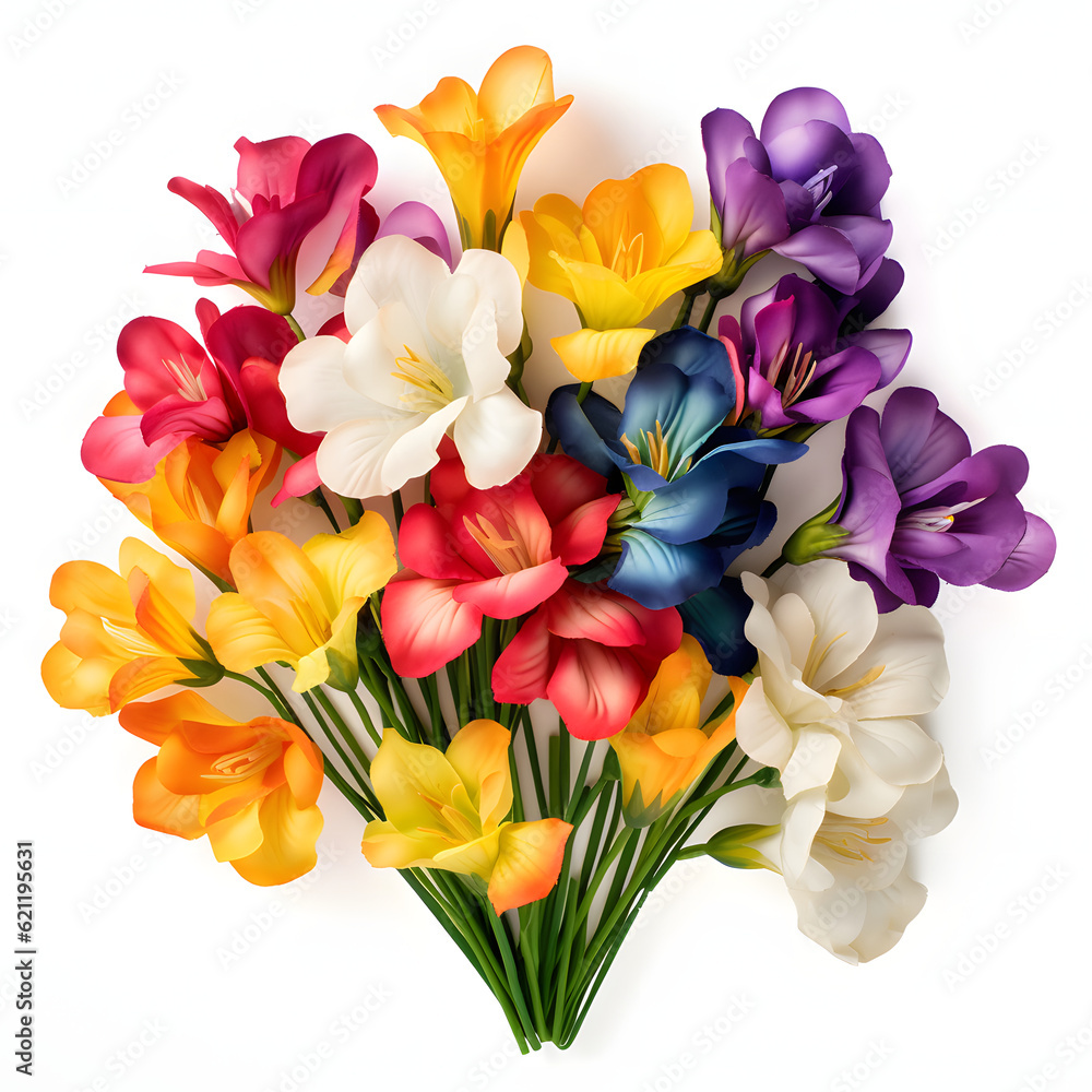 Fototapeta premium Different colors Freesia flowers bouquet on white background