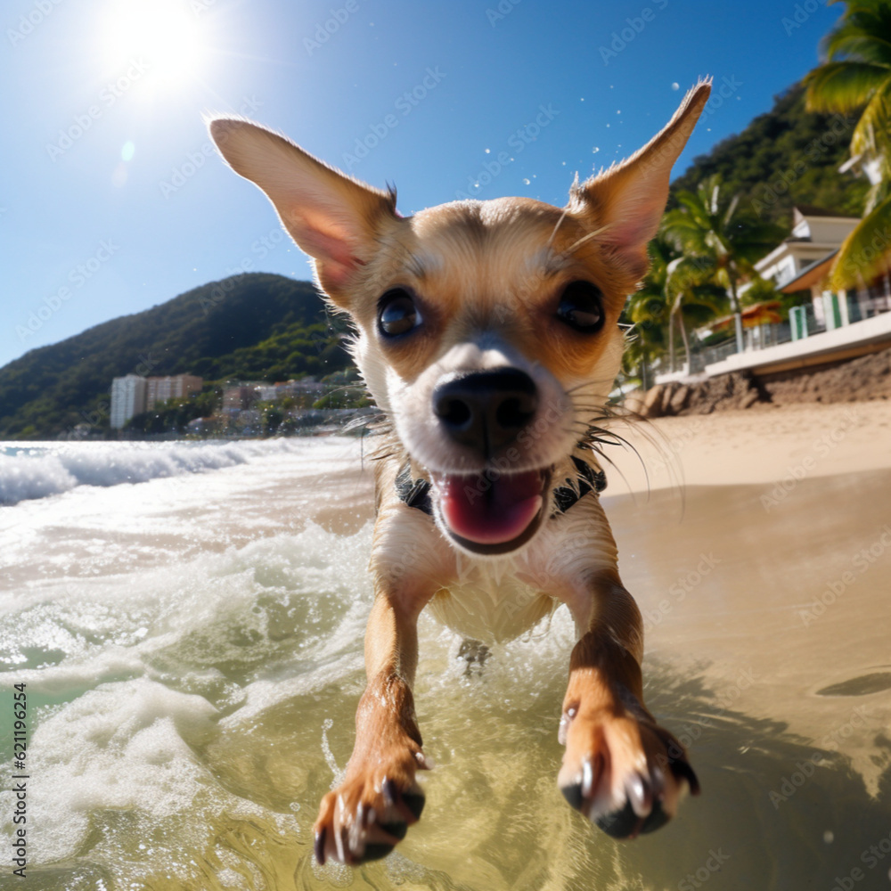 crashing waves on the shoreline and happy dog running on the beach crashing waves on the shoreline and happy dog running on the beach