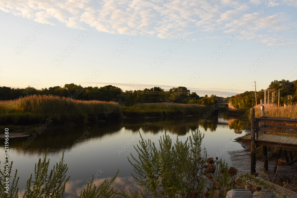 Jones River Views at Dawn with Sun Reflecting