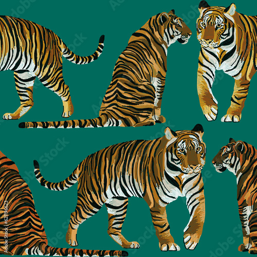 Animal Tiger Art Seamless Pattern. Animal wildlife illustration Background Wallpaper. Safari Wildlife. Sequin embroidery style print. Ornament for clothes  textiles and interior