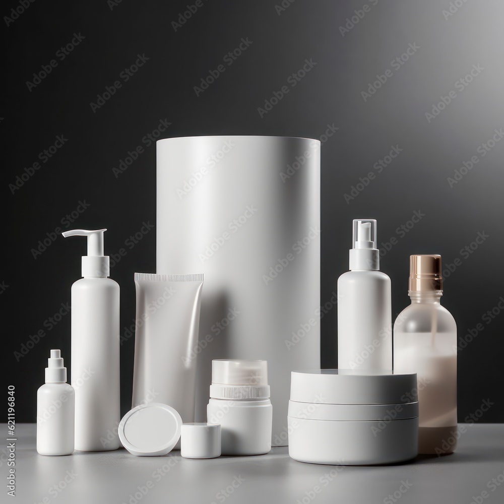 Mock up skincare product for presentation/promotion on a minimalist background. Generative AI Mock up skincare product for presentation/promotion on a minimalist background. Generative AI