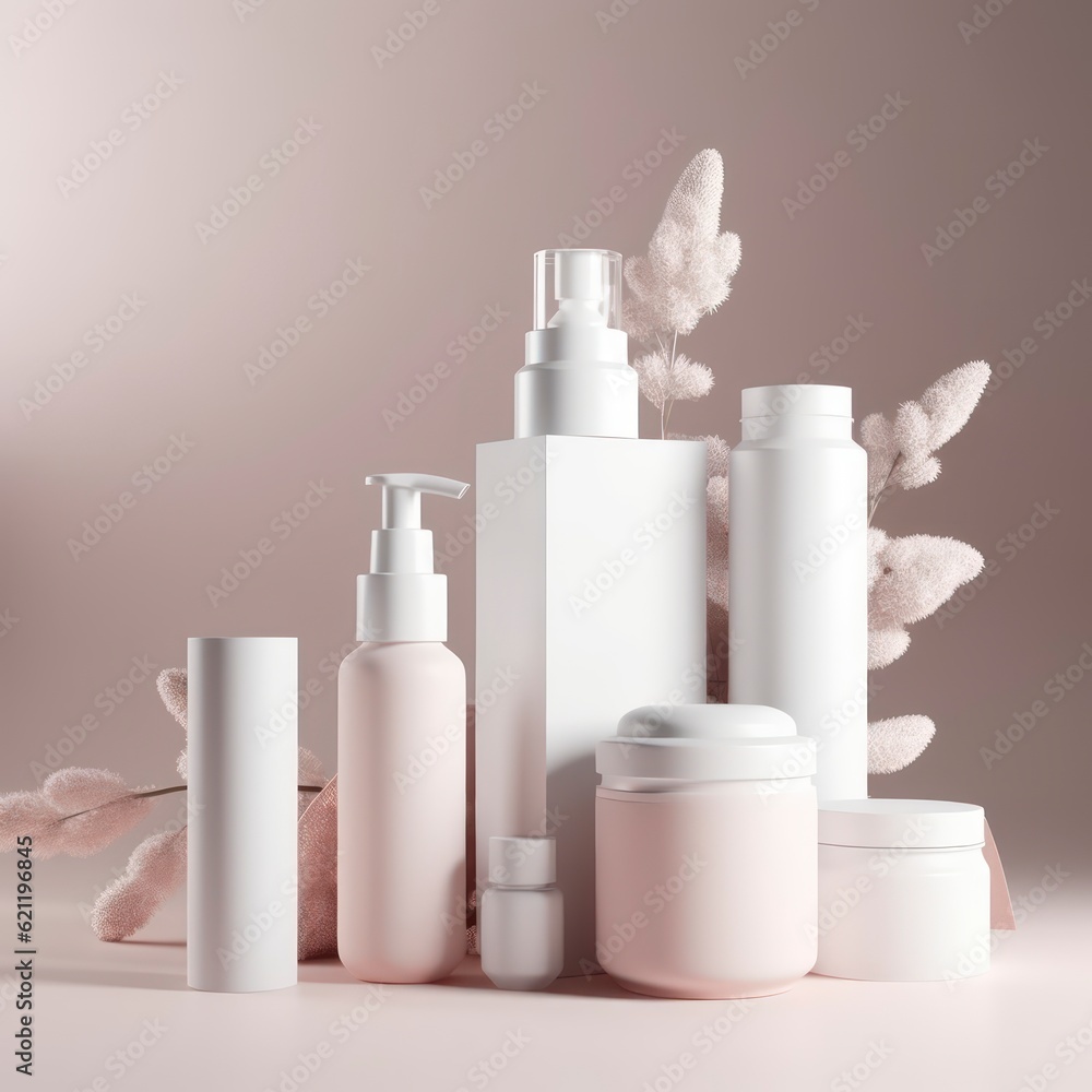 Mock up skincare product for presentation/promotion on a minimalist background. Generative AI Mock up skincare product for presentation/promotion on a minimalist background. Generative AI