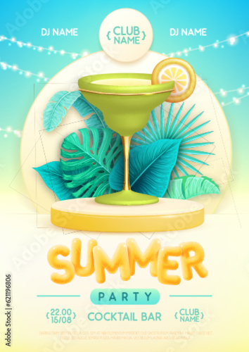 Summer disco party poster with 3d stage, tropic leaves and margarita cocktail. Colorful summer beach scene. Vector illustration