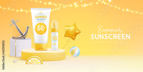 Summer background with 3d podium and  sunscreen tube with slice of lemon or orange. Colorful summer scene. Vector illustration