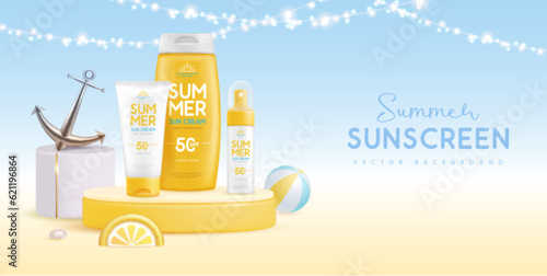 Summer background with 3d podium and set of sunscreens with slices of lemon or orange. Colorful summer scene. Vector illustration
