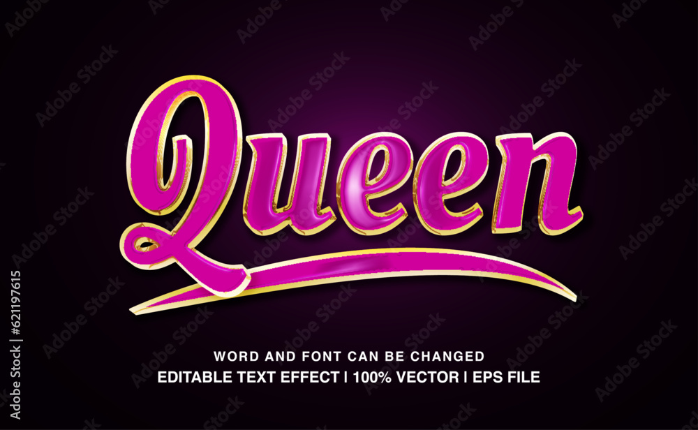 Editable text effect queen, pink bold shiny gold template style, premium vector