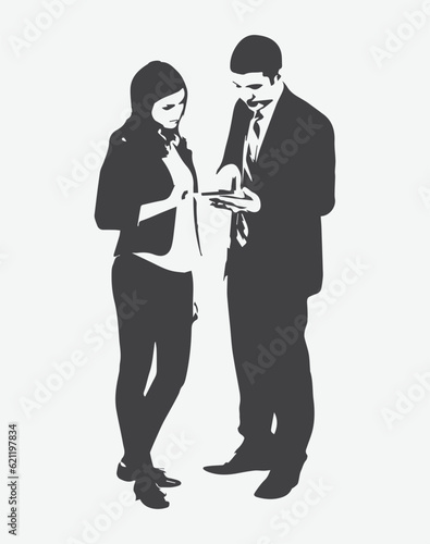 Professional Male Consultant Illustration, Explaining Cutting-Edge Features of Electronic Device to Female Customer