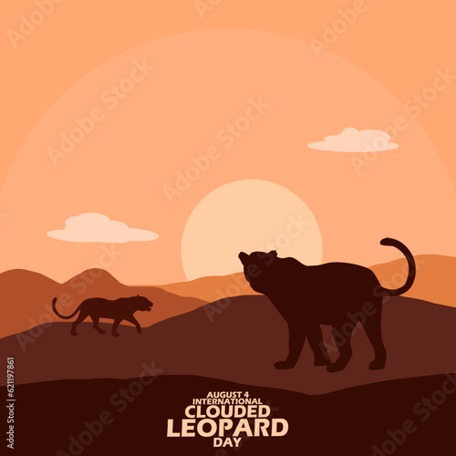 Two Clouded Leopards out in a desert at sunset  with bold text on light brown background to commemorate International Clouded Leopard Day on August 4