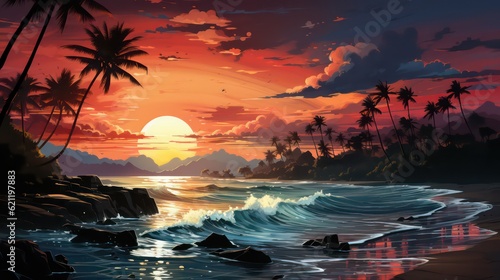 Tranquil Silhouette Peaceful Sunset with Silhouetted Palm Trees © Usablestores