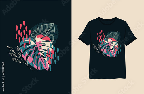 Vector sketch of t shirt with print with monstera and palm leaves. Fashion design. T shirt mock up. Fashion Print design idea