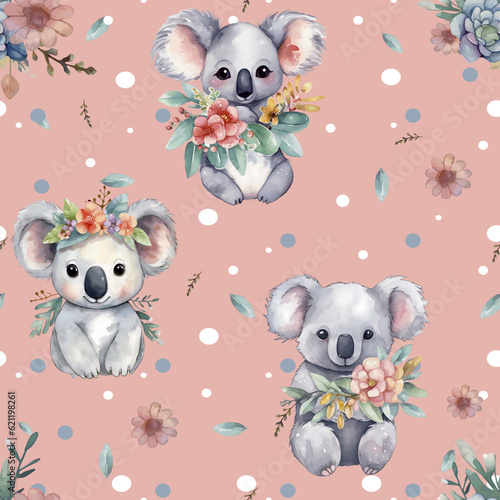 Pattern of cute koalas in hats. Pattern for children's clothes. Cartoon animals on a coloured background for printing on paper, textiles, postcards