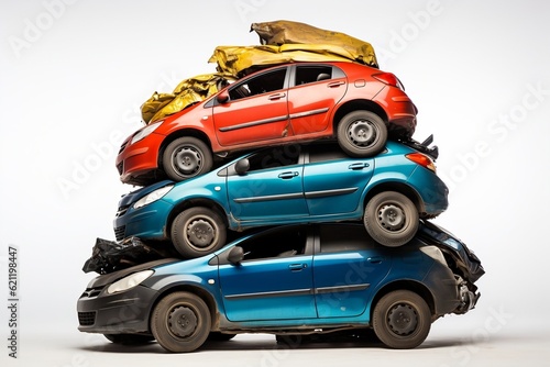 Foto A stack of recycled cars on a white background, Generative Ai