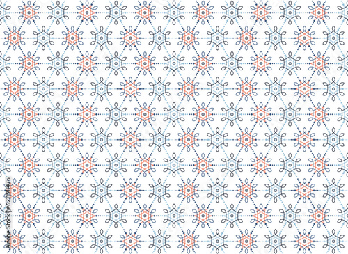 Abstract line art in dark , light blue and orange on white background - Indian Cultural Rangoli kolam or Paisley vector seamless pattern, for male shirt ladies dress summer picnic cloth fabric textile