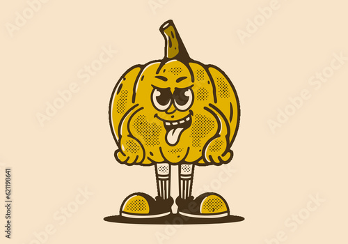 Yellow pumpkin mascot character with cunning face