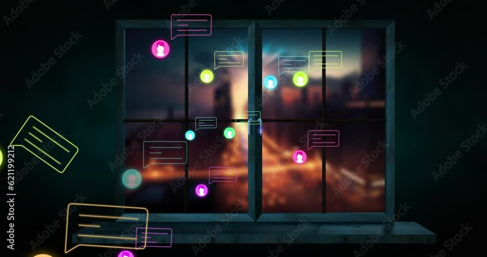 Animation of social media data processing over modern apartment and cityscape Animation of social media data processing over modern apartment and cityscape