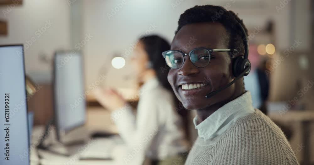 Portrait of callcenter agent, smile and black man consulting with advice, sales or help desk worker in headset. Phone call, telecom office and happy customer support consultant at crm service agency