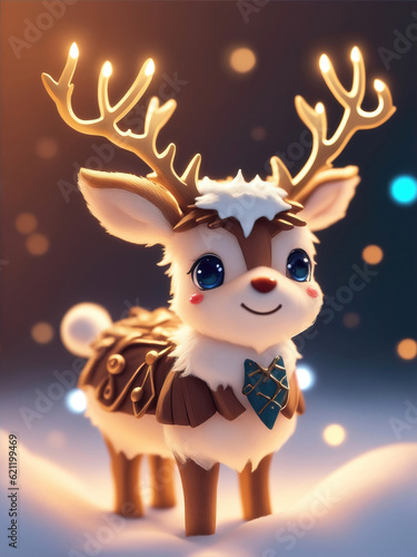 A little cute reindeer as a Christmas background, baby deer on snow illustration.