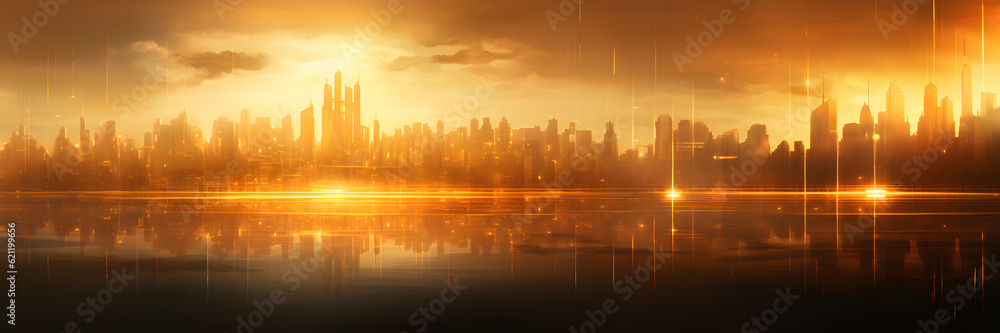 A hazy golden city with morning light landscape. Blurred city Sunrise Sky Background with Dust