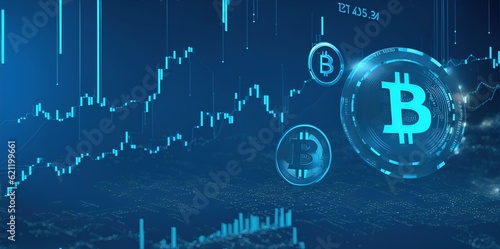 Wallpaper with abstract blue background and bitcoin.