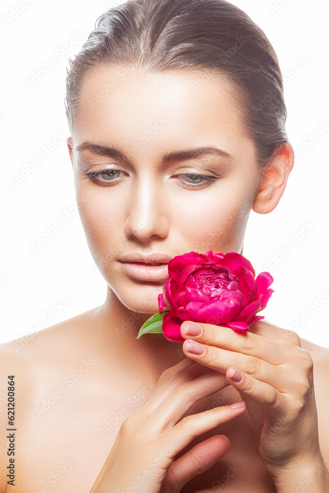 Beauty girl face, woman with rose flower in hands. Sensuality, spa, skin care