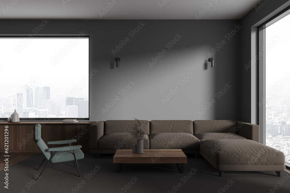 Fototapeta premium Gray living room interior with sofa and armchair