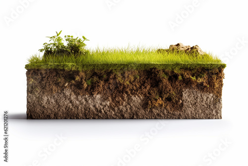 Piece of island with soil, stone and grass layers on isolated white background, generative ai