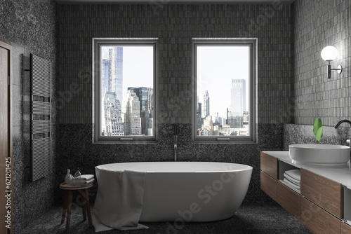 Modern tranquil home bathroom interior with modern amenities and rustic charm  a stunning new york city view. It blends elegance  comfort  and nature. 3d rendering.