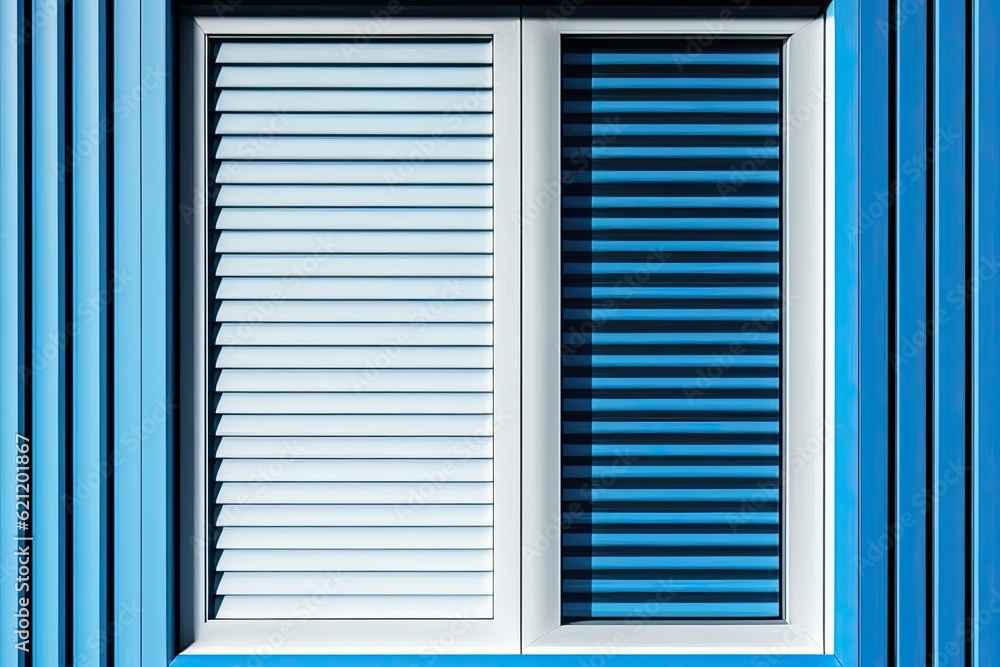 Blue Wall with a Window in Close-Up. Generative AI Blue Wall with a Window in Close-Up. Generative AI