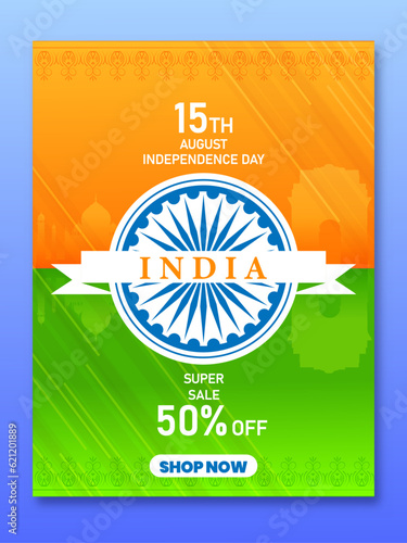 Creative design of Indian freedom sale with great discount and offers. Happy Independence Day.