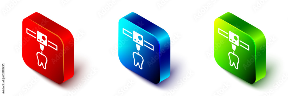 Isometric 3D printer tooth icon isolated on white background. 3d printing. Red, blue and green square button. Vector Isometric 3D printer tooth icon isolated on white background. 3d printing. Red, blue and green square button. Vector