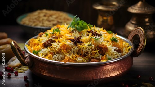 Biryani, flavorful rice dish made with spiced meat (often lamb or beef), vegetables, and aromatic spices, food for Eid al-Adha holiday, Muslim festival