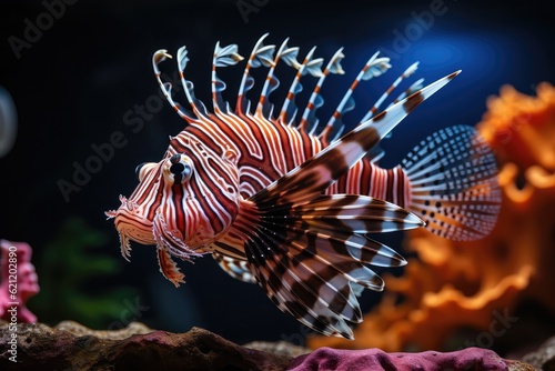 A mesmerizing shot of a lionfish camouflaged among the vibrant coral, its striking appearance and predatory gaze adding a sense of drama and intrigue to the underwater world