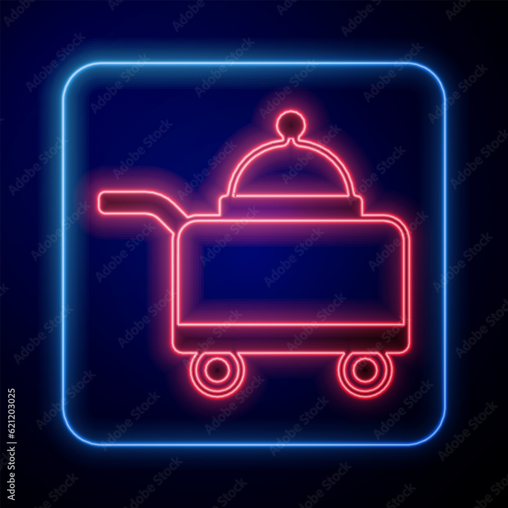 Glowing neon Covered with a tray of food icon isolated on black background. Tray and lid sign. Restaurant cloche with lid. Vector Glowing neon Covered with a tray of food icon isolated on black background. Tray and lid sign. Restaurant cloche with lid. Vector