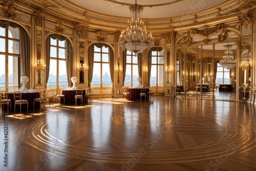 A shot of the castle's interior, featuring its elegant ballroom adorned with chandeliers, tapestries, and ornate decorations