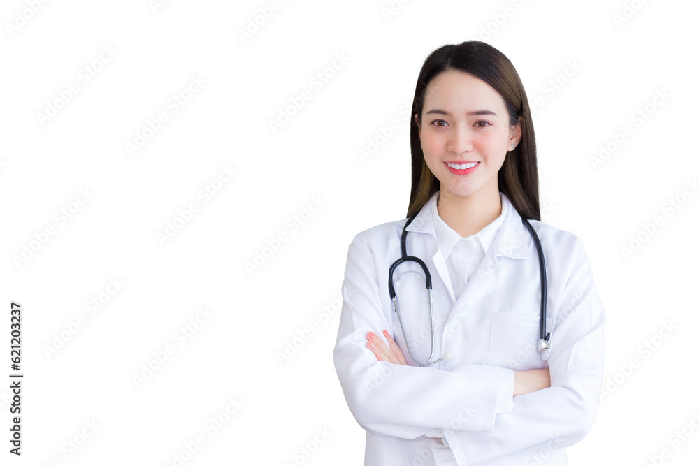 Professional Asian woman doctor wearing a white robe and stethoscope standing with arms crossed happy and smile at the examination room in the hospital while isolated on white background.