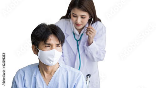 Coronavirus protection concept. Asian woman doctor use stethoscope to check lung rhythm of male patient who wear face mask while he sit on wheelchair at hospita while isolated on white background.