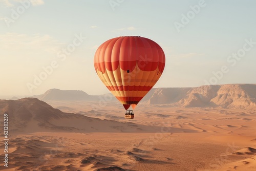 A panoramic view from a hot air balloon basket, capturing the vastness of a desert landscape with rolling sand dunes and a golden sunset in the distance © Matthias