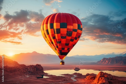 A hot air balloon soaring over a majestic canyon, with towering rock formations, layers of colorful sediment, and a winding river below