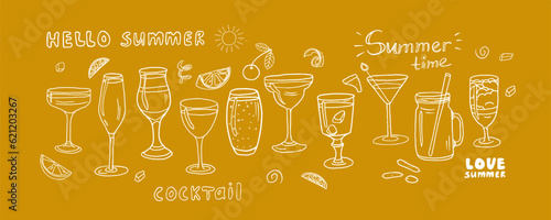 Cute set with cocktails collection, alcoholic and non-alcoholic summer drinks with ice cubes, fruits and text. Doodle style. Great for bar menu design, banners, sites, packaging. Vector EPS10